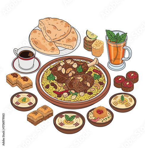 A variety of Middle Eastern dishes, including lamb, rice, bread, sweets, and drinks.