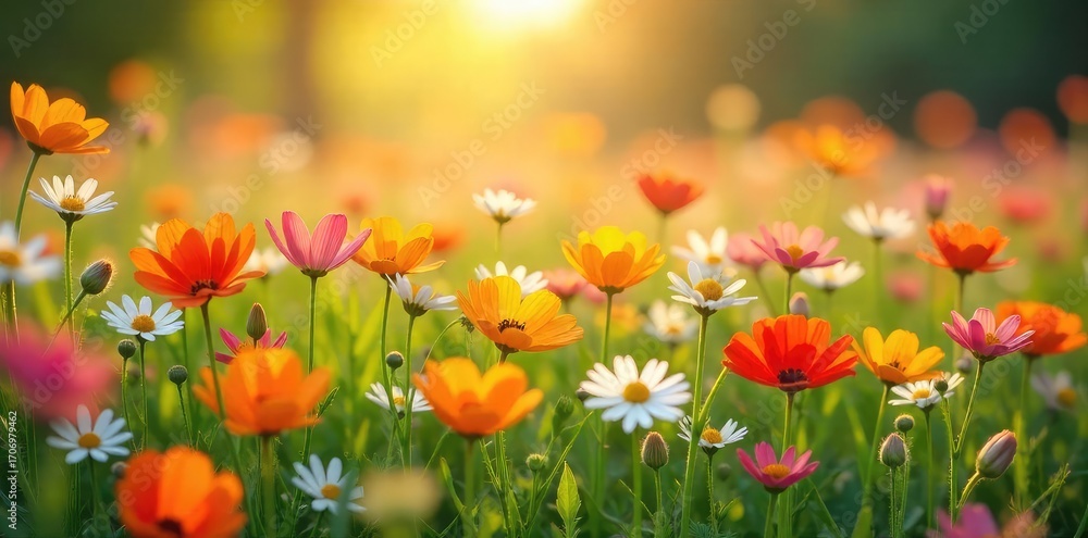 Obraz premium A vibrant field of wildflowers bathed in the warm sunlight of spring, a joyful scene of carefree nature Perfect for themes of renewal, freedom, and happiness , blossom, season, nature