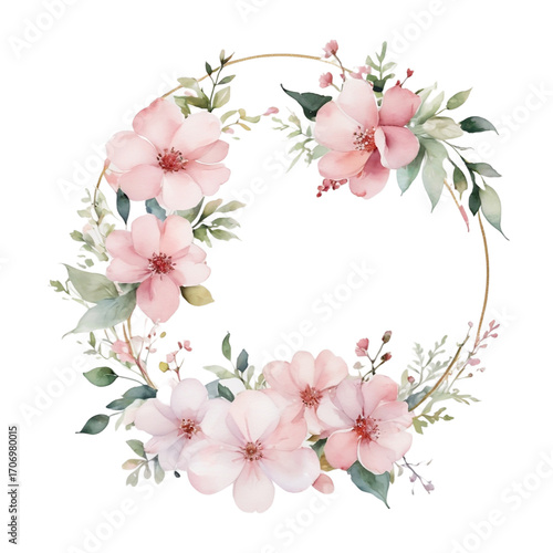 Soft pink floral wreath with delicate blossoms and greenery on white frame flowers