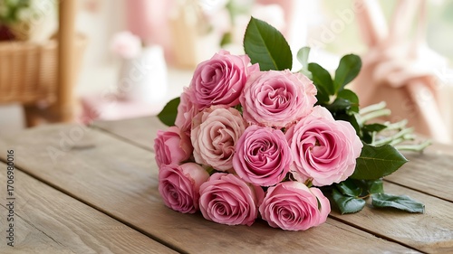 Pink Rose Bouquet on Rustic Wooden Table Close-Up
