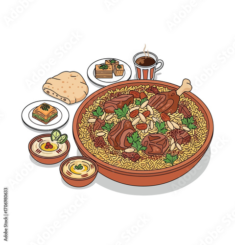 A vibrant illustration of a traditional Middle Eastern feast, featuring a large platter of rice and lamb, hummus, flatbread, baklava, and coffee.