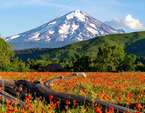 Fototapeta Naklejka Na Ścianę i Meble -  Snowy mountain over a field of red flowers
