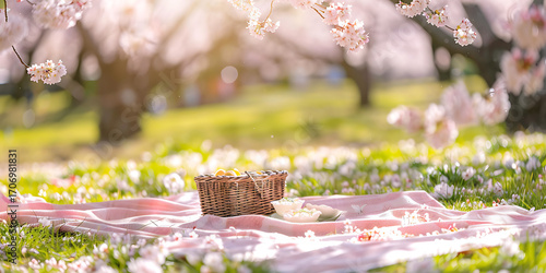 Serene picnic blanket set amongst blooming cherry blossoms in a sun-drenched park