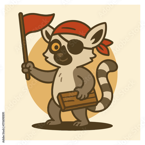 Pirate lemur with flag and treasure chest