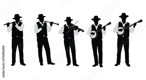 musicians playing instruments together in silhouette form