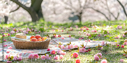 Enjoying a delightful picnic with fresh fruit and pastries amidst blooming cherry blossoms