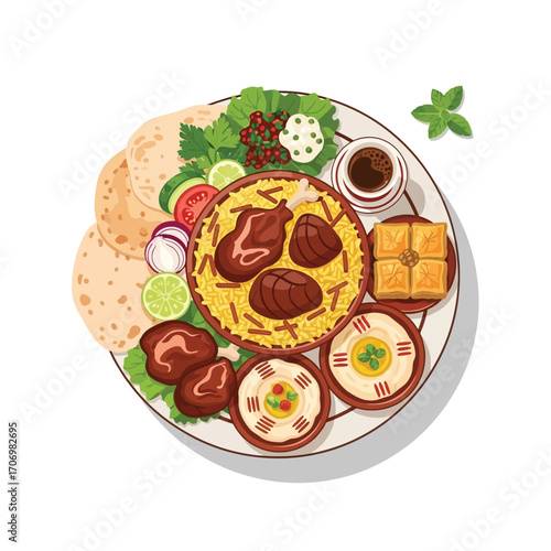 Overhead view of a Middle Eastern platter with various dishes and accompaniments, beautifully arranged.