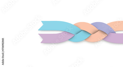 Colorful pastel ribbons braided together on a white background, symbolizing National Hair Day with a soft, gentle mood.
