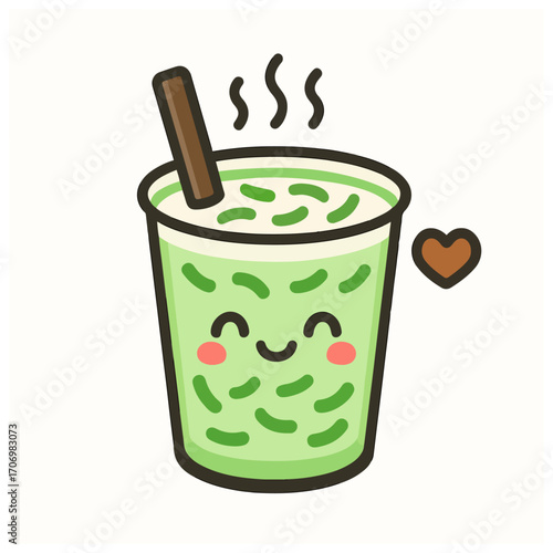cendol, iced dessert, Indonesian drink, sweet beverage, jelly, cup, kawaii, cute face, flat illustration, bold outline, minimal, summer drink, street food, icon, sticker, white background, isolated, a