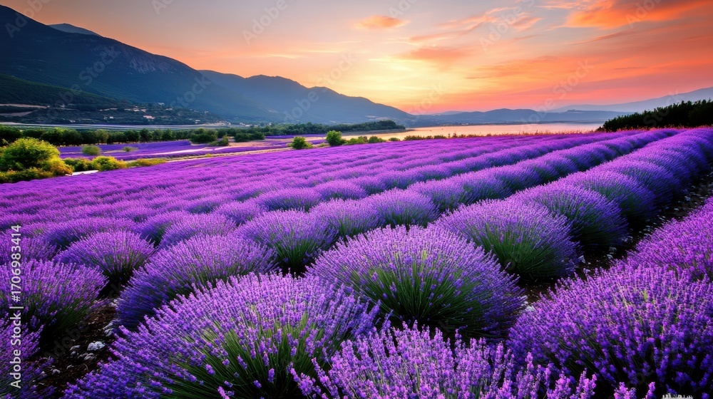 Fototapeta premium Lavender Field at Sunset with Mountains
