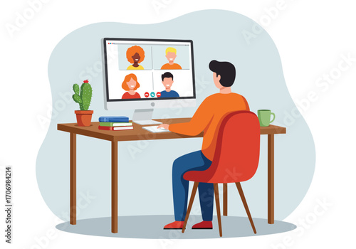Illustration of man attending online meeting from home office desk