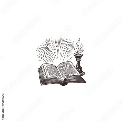 Vintage engraving style illustration of an open old book illuminated by the flame of a candle in a holder. Concept for learning, education, wisdom, and discovery of forgotten knowledge