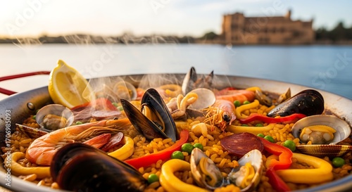 A vibrant paella dish, steaming hot, showcases seafood and rice, set against a tranquil lake scene.