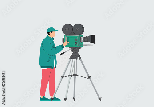 Illustration of filmmaker operating a vintage movie camera on a tripod