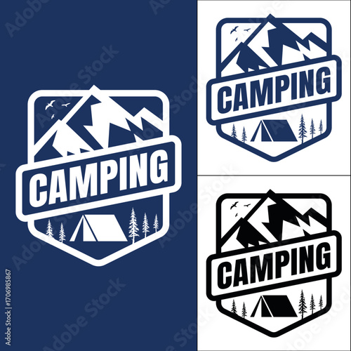 Camping adventure logo design featuring mountains tent and forest illustration Vector