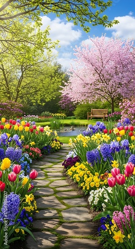 A vibrant spring garden path lined with colorful flowers, cherry blossoms, and lush greenery under a bright blue sky.