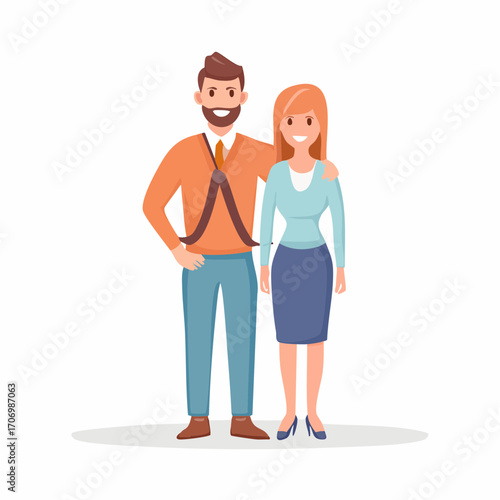 Modern cartoon couple smiling together in stylish professional attire created as scalable vector graphics