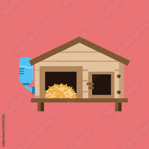 This vector illustration features a light brown chicken coop with hay inside, a blue water dispenser attached to the side, and a pink background.
