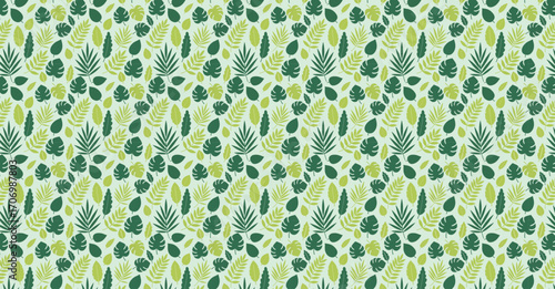 An abstract botanical pattern featuring lush green and light green leaves of varying types, creating a dense, repeating tropical foliage design.