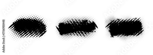 Grunge comic pop art banner set. Rough dotted and striped grainy dirty shape collection. Halftone spray paint frame pack. Vector distressed elements for flyer, text box, poster, badge, collage, border