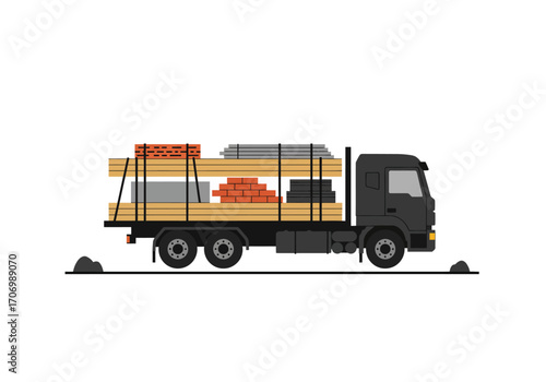 Heavy Cargo Truck Transporting Building Materials.