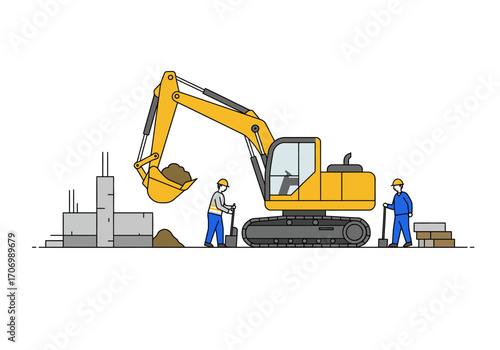 Construction Site with Excavator and Workers.