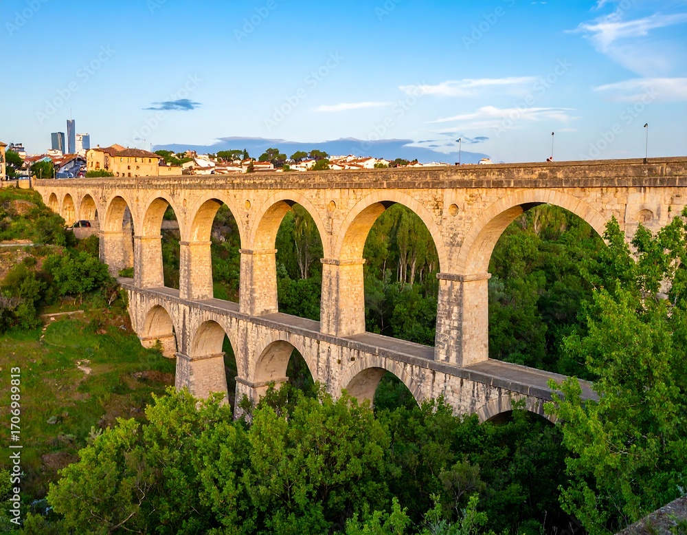Fototapeta premium Stone arch bridge at sunset over a valley