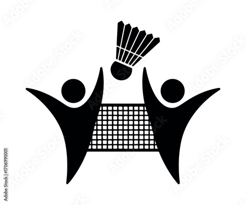 Badminton players icon with net and shuttlecock vector – competitive match, teamwork, sports activity, and athletic recreation design element