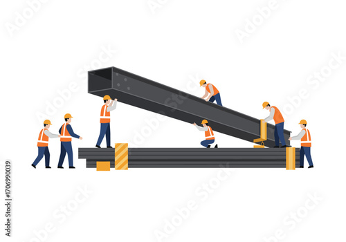 Construction Workers Teamwork Lifting Steel Beams.