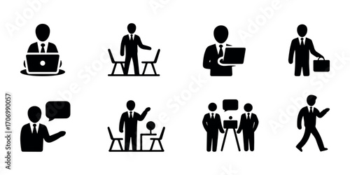 Business and office stickman icons vector – collection of human silhouettes working, meeting, teamwork, communication, and corporate activity symbols