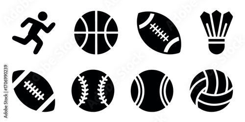 Sports ball icons vector collection showing football, basketball, volleyball, baseball, cricket ball, tennis ball, shuttlecock, and athletic activity elements for fitness, team games, and sport