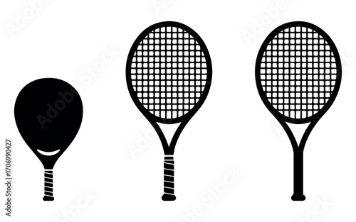 Tennis and badminton racket icons set vector – collection of black and white sports equipment symbols for training, competition, fitness, and recreation use