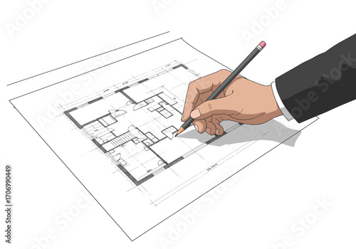 Architect Designing House Blueprint.