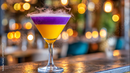 halloween cocktail in elegant glass, orange and purple tones, dry ice fog around