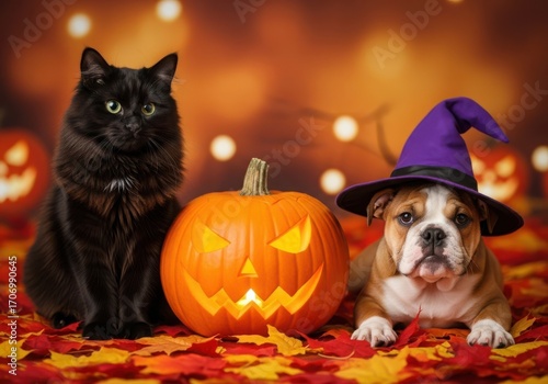 Black cat and bulldog in witch hat with carved pumpkin and autumn leaves halloween
