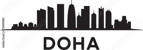 Doha skyline silhouette black color vector illustration of Qatar city landmarks on white background
