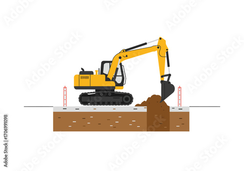 Excavator Digging a Trench on Construction Site.