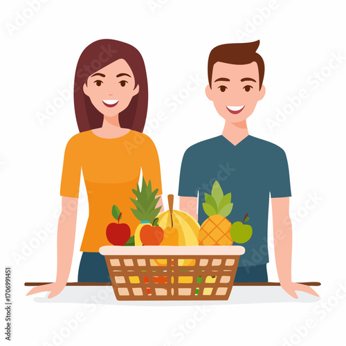 Happy couple with basket of fresh fruit promoting healthy eating and lifestyle choices together