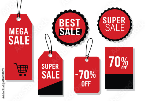Illustration of assortment of red sale tags with discount percentage and text