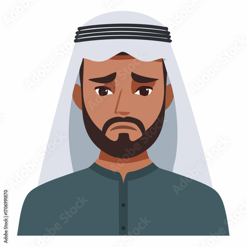 Sad Arab man looking down, feeling hopeless, isolated and struggling with mental health challenges