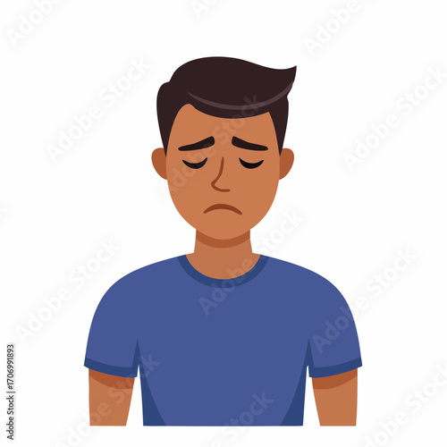 Sad dark-skinned man with downturned mouth conveying disappointment and emotional stress in a blue shirt