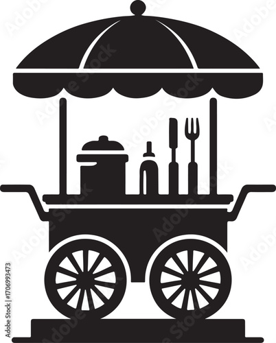 Street Food Cart Black and White Vector Icon with Umbrella