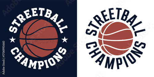Streetball champions basketball emblem with bold typography and sports badge style for athletic apparel and t shirt design