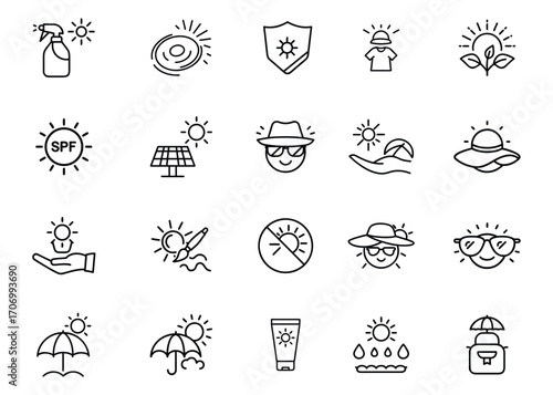 outline Sun Protection Icons Set – SPF, Sunglasses, Hats, Sunscreen, and Shield Design