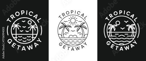 Minimal tropical getaway line art illustration with palm trees ocean waves sun and birds round badge retro summer vacation t shirt design