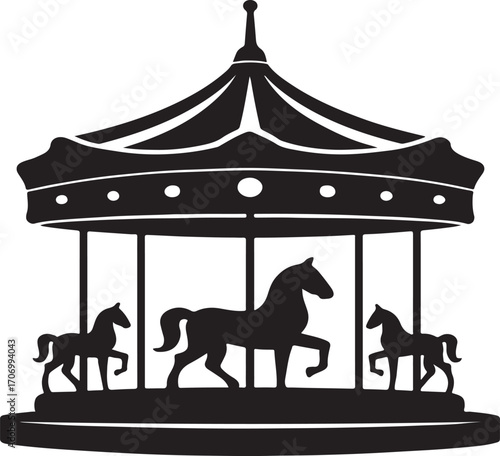 Carousel with Horses Black and White Vector Art and Icon
