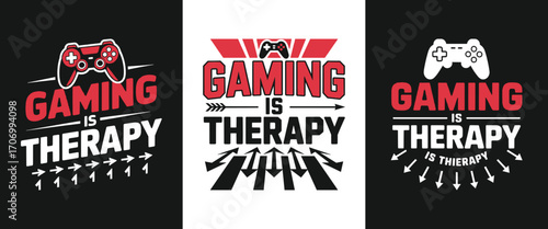 Gaming is therapy typography with video game controller retro gamer slogan graphic for esports streaming console play t shirt design