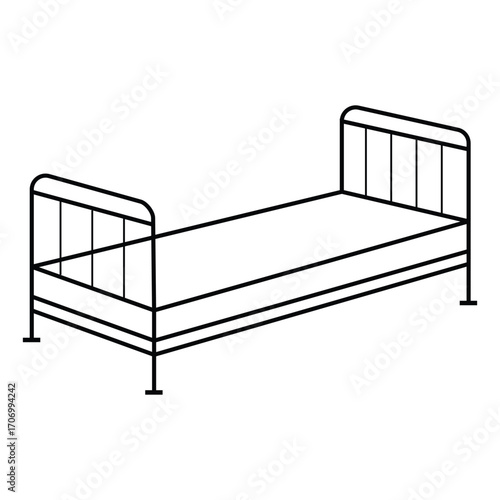 Simple black metal frame bed with white mattress illustration