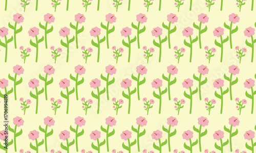 This motif depicts cute pink flowers against a yellow background, adding a cheerful touch. This design is suitable for clothing, stickers, or other items.rint