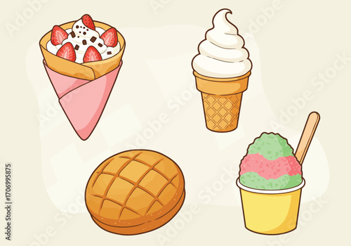 Illustration of assortment of delicious sweet desserts including ice cream and crepe